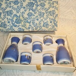Vintage Arita Porcelain Crane Blue White Sake Set Gold Metallic Detail Japan